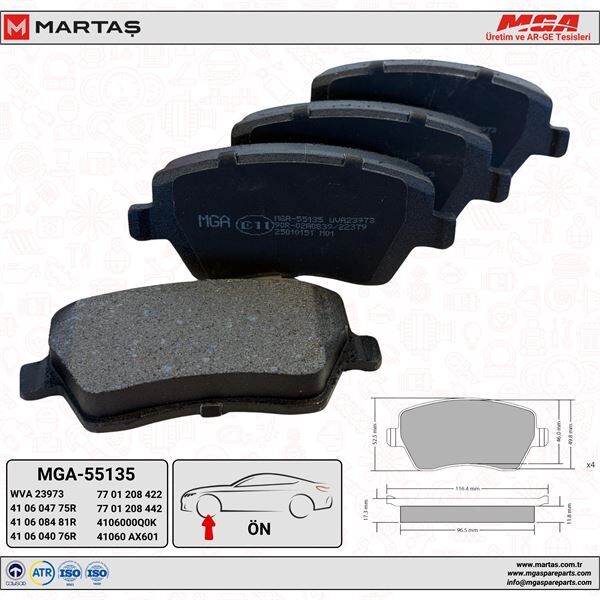 MGA 55135 I FREN BALATASI ON RENAULT CLIO III-IV MODUS 04> EXPRESS 21> ZOE 12> KANGOO II 08> CAPTUR 13> DACIA DUSTER 10> LOGAN 04> DOKKER 12> . NISSAN MICRA III (K12) 03>10 NOTE 06>