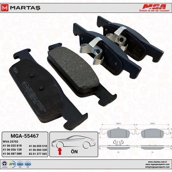 MGA 55467 Clıo 4 + Sandero 2 + Logan 2 1.5 Dcı Uyumlu Ön Fren Balata