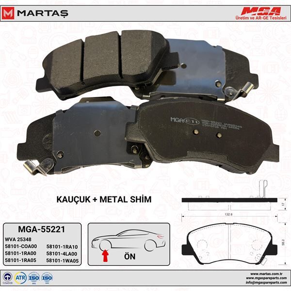 MGA 55221 Balata Fren Ön Üstten Delikli-Accent Blue 12-14-I20 12-H350 15-2.5 Crdı Arka Rio 09-13-Cerato 13-Stonic 2018- 581011RA05